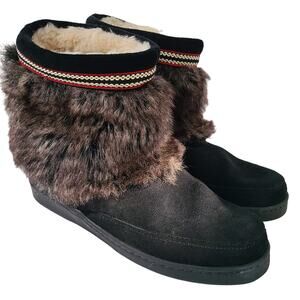 MINNETONKA Black Suede Faux Fur Sherpa Lined Ankle Moccasins 3779X Women's 9‎